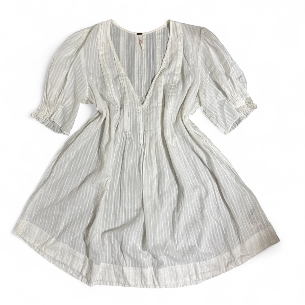 Free People Puff Sleeve Mini Sheer Dress White L Boho Babydoll Peasant Cottage